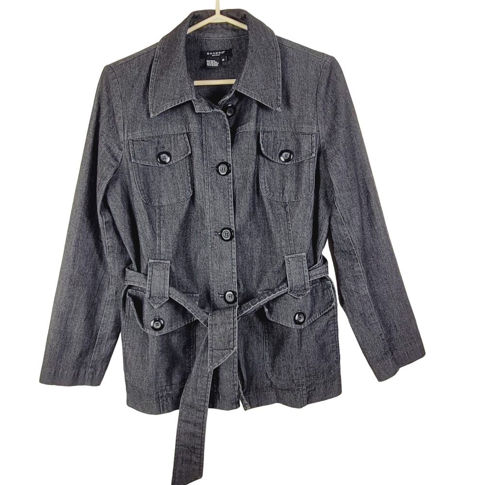 Sandro black denim belted chore pocket jacket Size Med Retro Utility Minimal